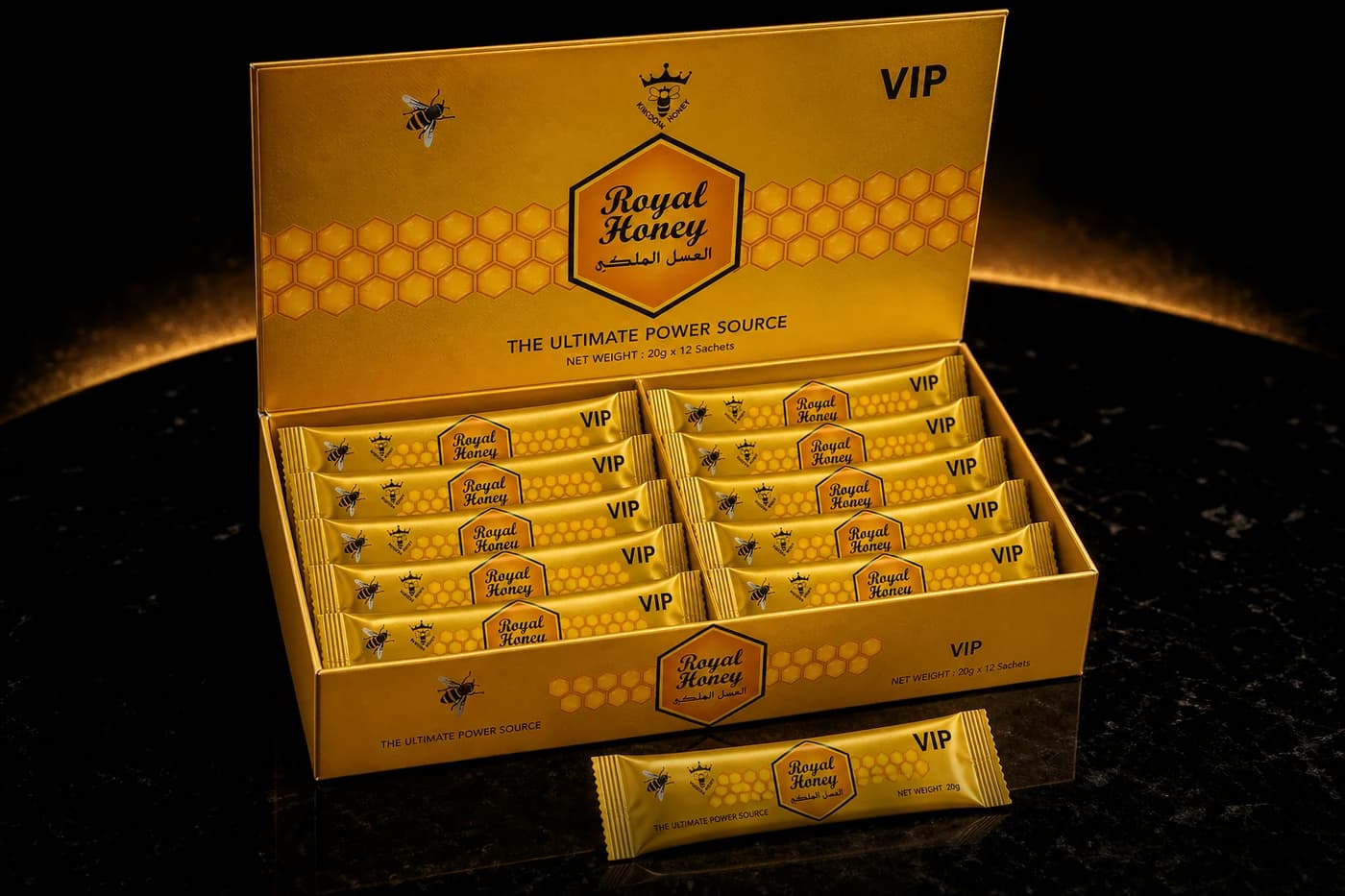 Caja de Royal Honey VIP abierta mostrando los sobres en su interior