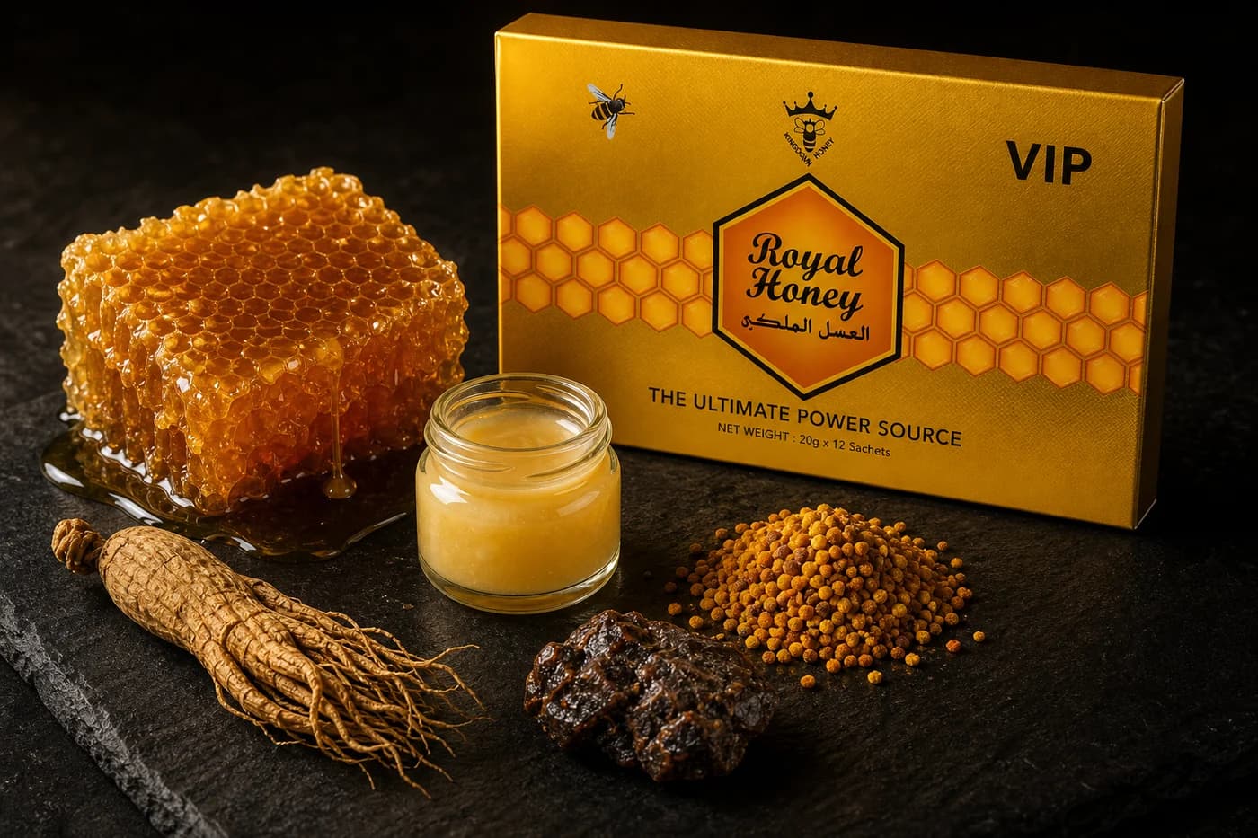 Panal, jalea real, polen de abeja, ginseng rojo y propóleo sobre pizarra negra