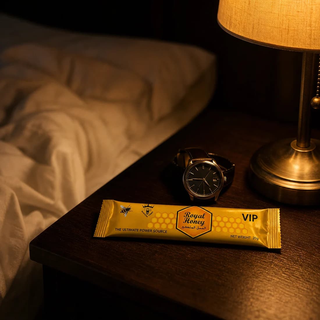 Un sobre de Royal Honey VIP en la mesilla de noche junto a un reloj y una lámpara encendida