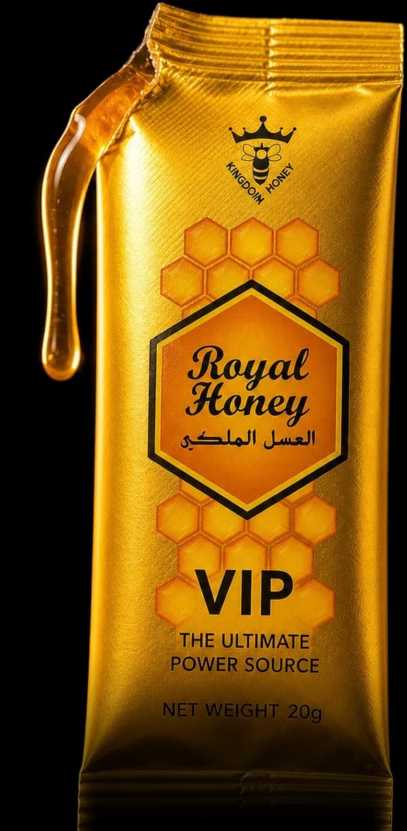Sobre de Royal Honey VIP abierto con la miel saliendo