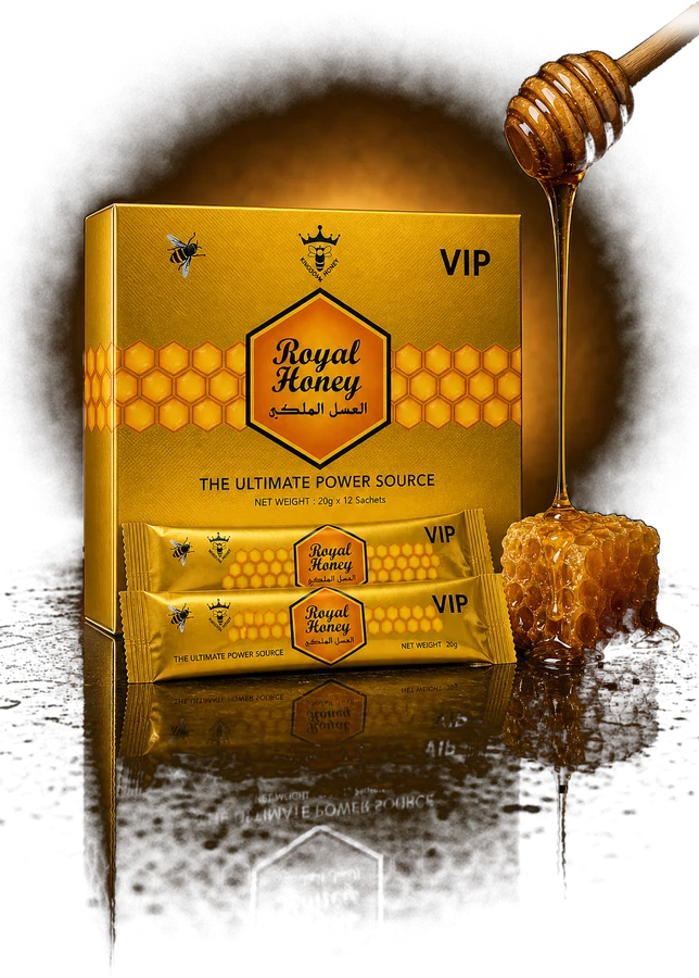 Caja de Royal Honey VIP con dos sachets de 20 g y un panal de miel